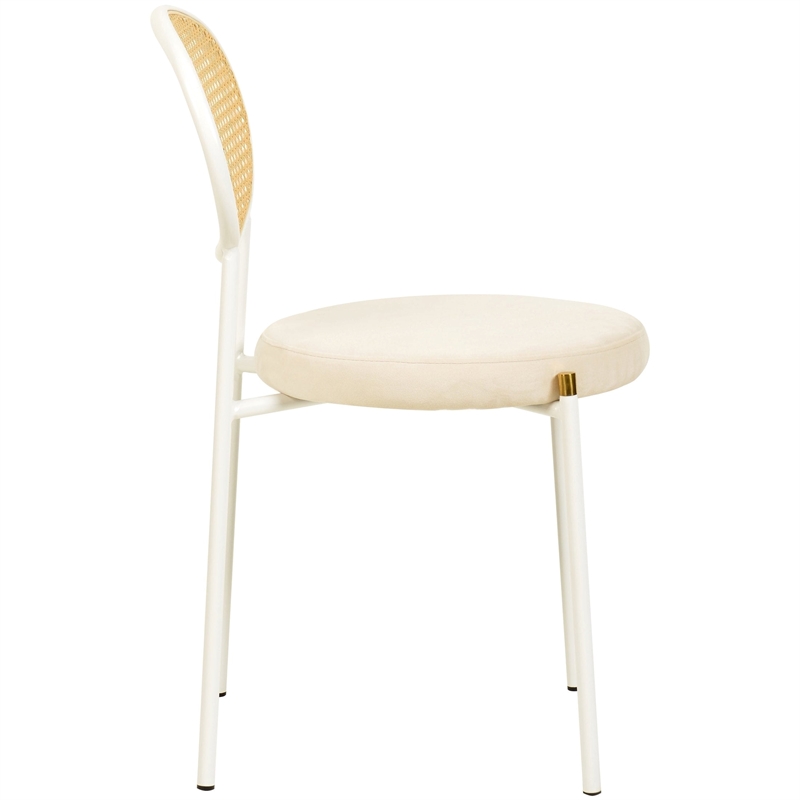 Velvet Dining Chair with Rattan Back and Stainless Steel Legs in Beige
