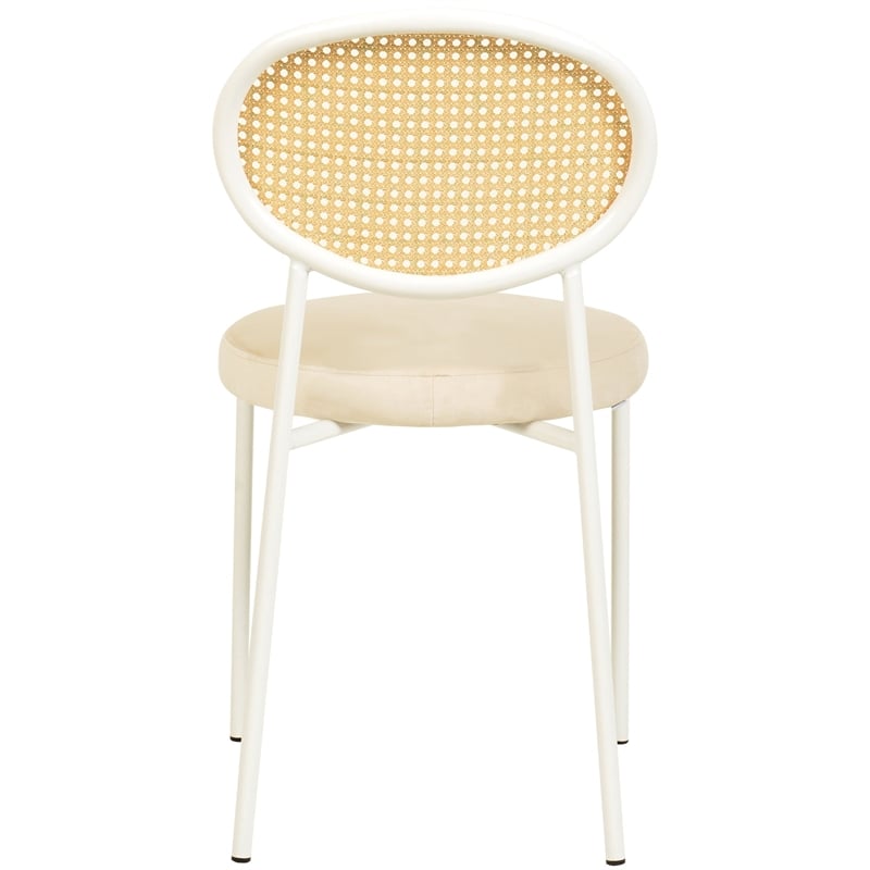 Velvet Dining Chair with Rattan Back and Stainless Steel Legs in Beige