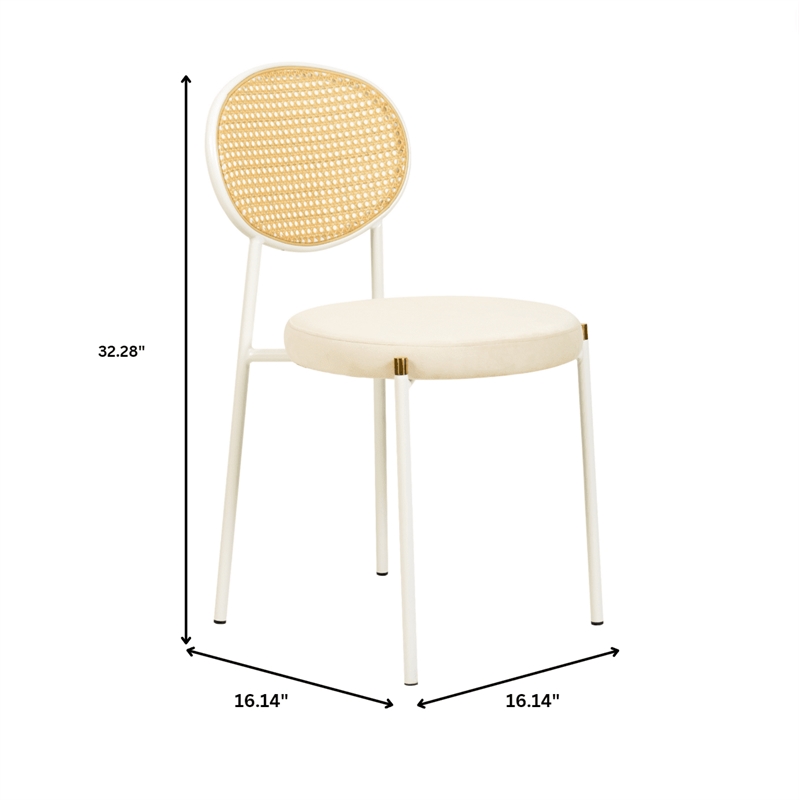 Velvet Dining Chair with Rattan Back and Stainless Steel Legs in Beige