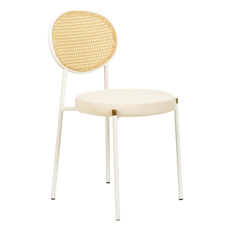 Velvet Dining Chair with Rattan Back and Stainless Steel Legs in Beige