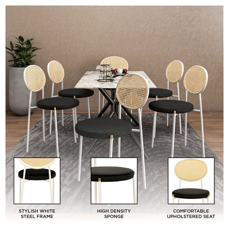 Velvet Dining Chair with Rattan Back and Stainless Steel Legs in Black