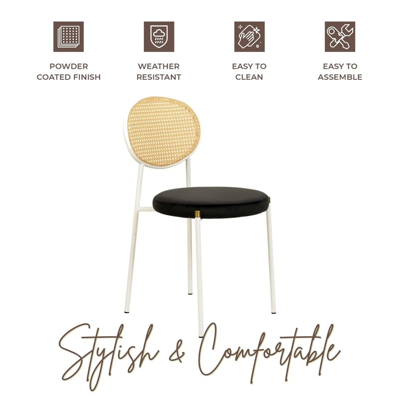 Velvet Dining Chair with Rattan Back and Stainless Steel Legs in Black