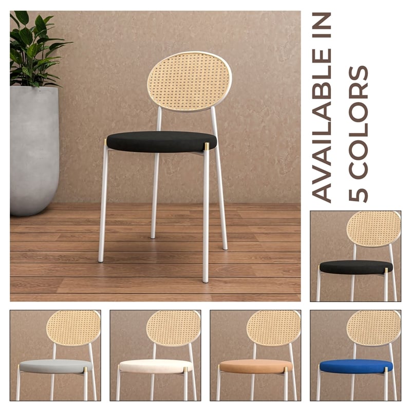 Velvet Dining Chair with Rattan Back and Stainless Steel Legs in Black