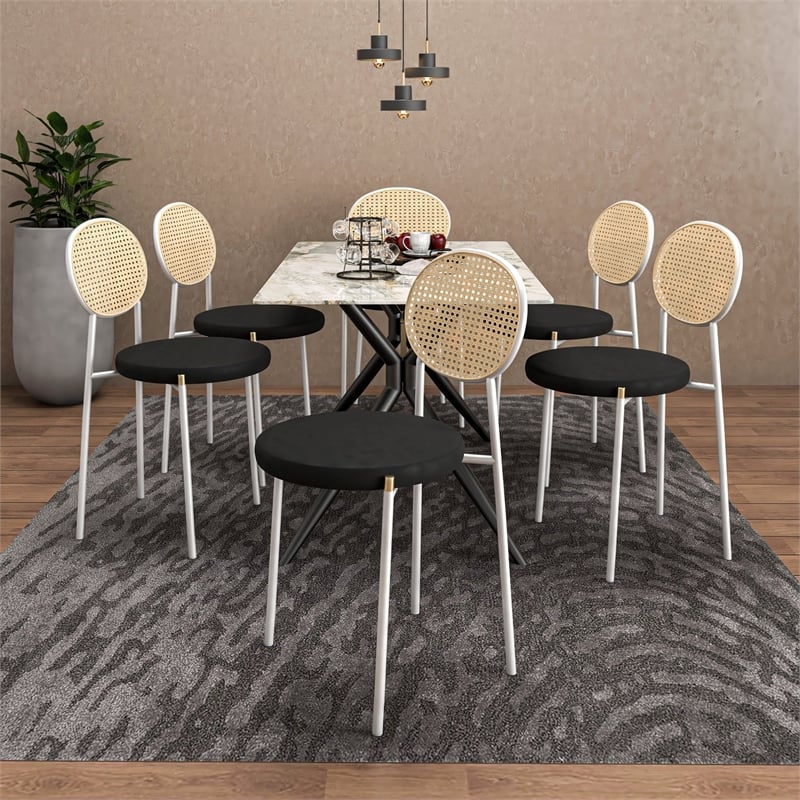 Velvet Dining Chair with Rattan Back and Stainless Steel Legs in Black