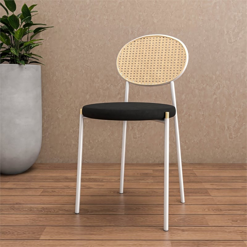 Velvet Dining Chair with Rattan Back and Stainless Steel Legs in Black