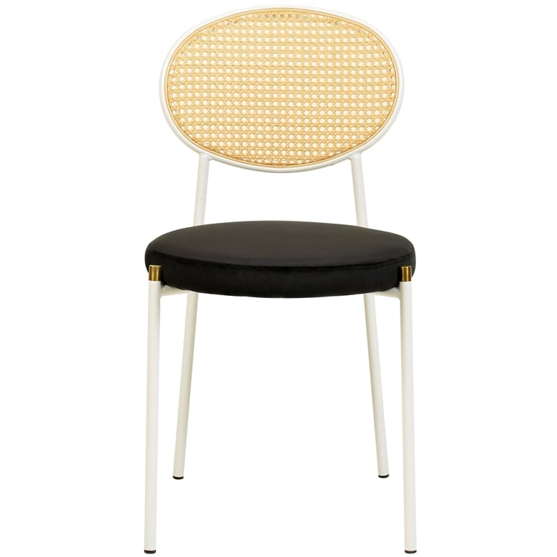 Velvet Dining Chair with Rattan Back and Stainless Steel Legs in Black