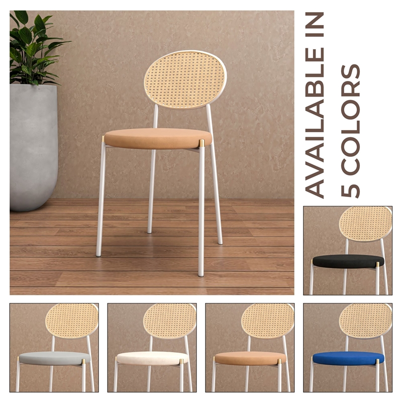 Velvet Dining Chair with Rattan Back and Stainless Steel Legs in Brown