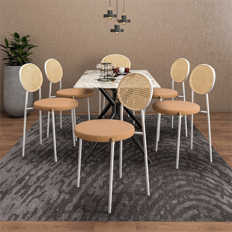 Velvet Dining Chair with Rattan Back and Stainless Steel Legs in Brown