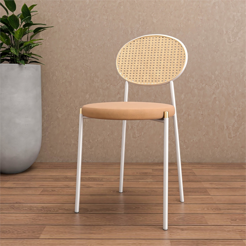 Velvet Dining Chair with Rattan Back and Stainless Steel Legs in Brown
