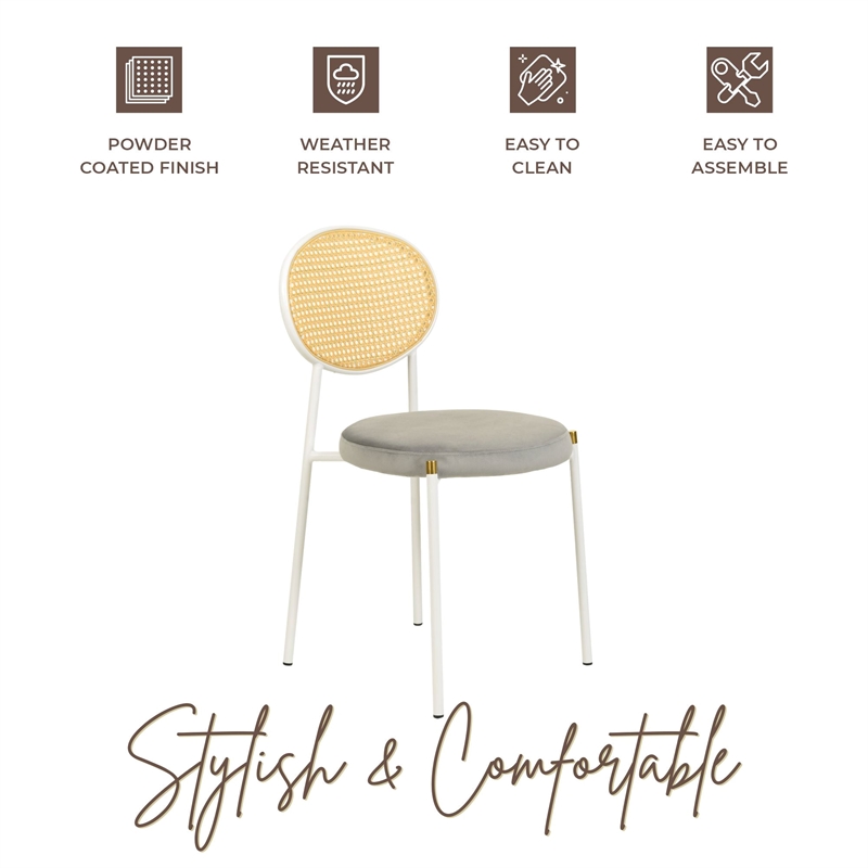 Velvet Dining Chair with Rattan Back and Stainless Steel Legs in Grey