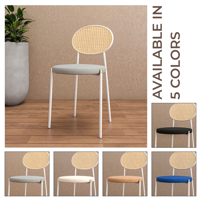 Velvet Dining Chair with Rattan Back and Stainless Steel Legs in Grey