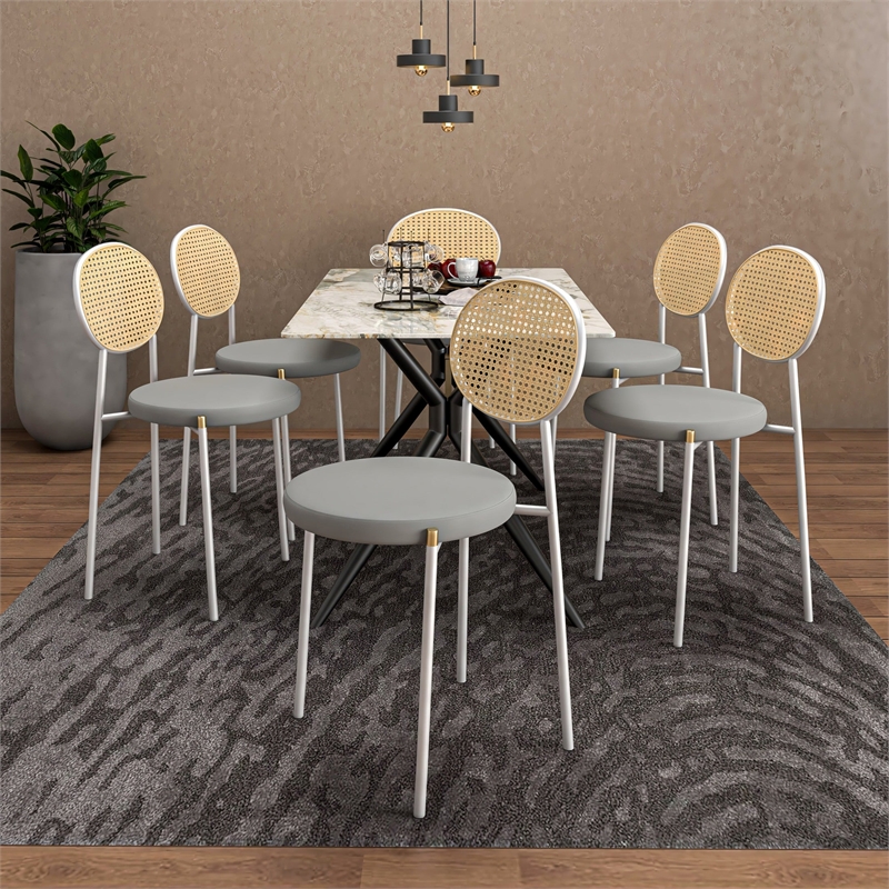 Velvet Dining Chair with Rattan Back and Stainless Steel Legs in Grey