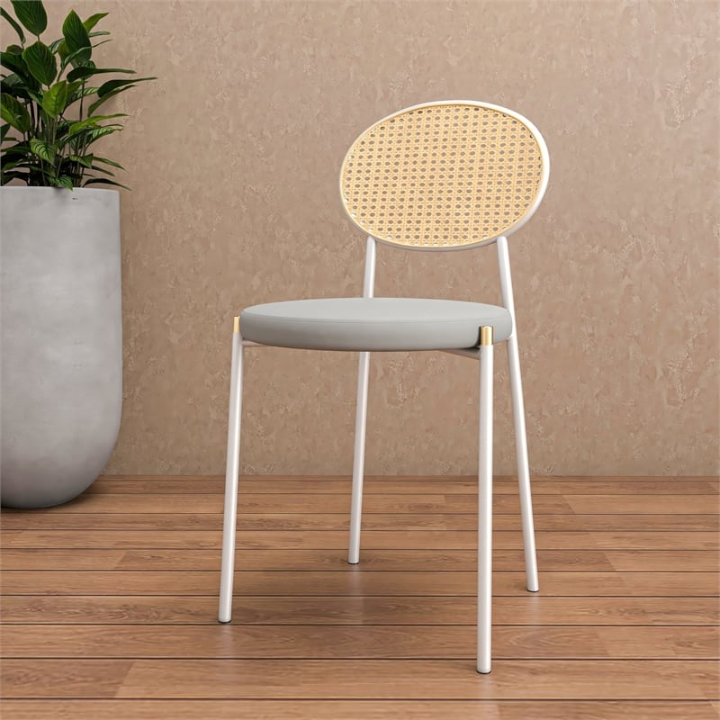 Velvet Dining Chair with Rattan Back and Stainless Steel Legs in Grey