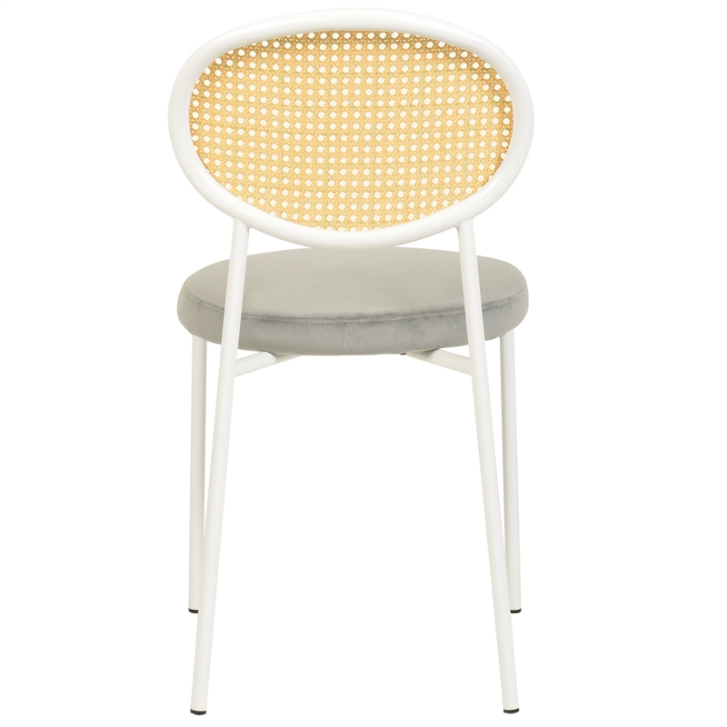 Velvet Dining Chair with Rattan Back and Stainless Steel Legs in Grey
