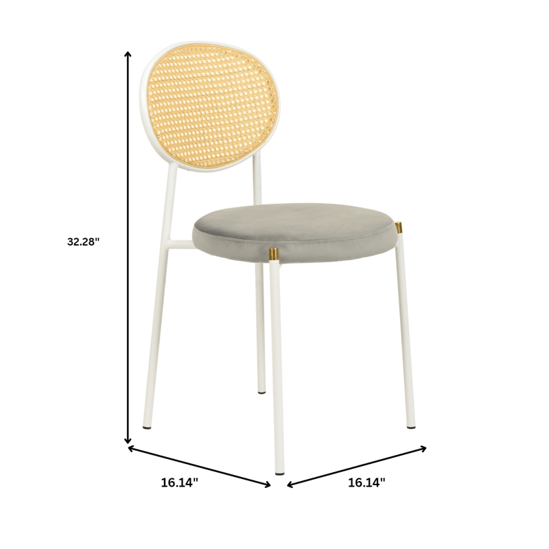 Velvet Dining Chair with Rattan Back and Stainless Steel Legs in Grey