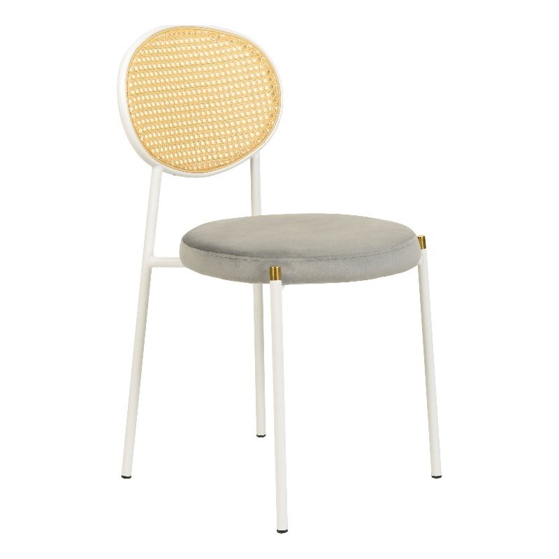 Velvet Dining Chair with Rattan Back and Stainless Steel Legs in Grey