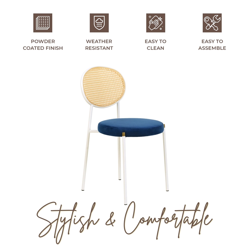 Velvet Dining Chair with Rattan Back and Stainless Steel Legs in Navy Blue