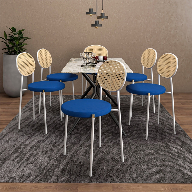 Velvet Dining Chair with Rattan Back and Stainless Steel Legs in Navy Blue