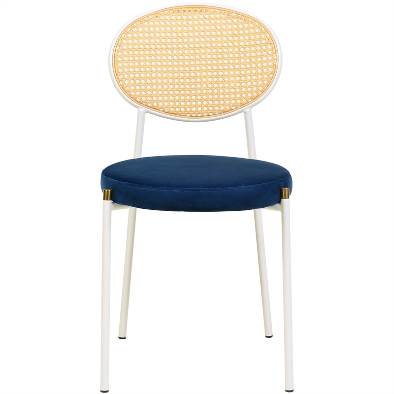 Velvet Dining Chair with Rattan Back and Stainless Steel Legs in Navy Blue