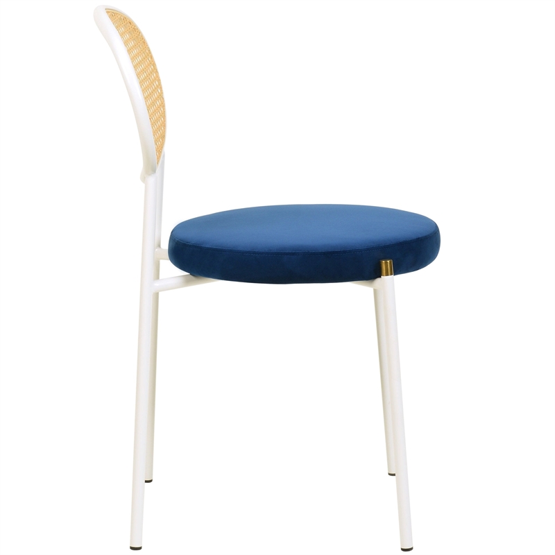 Velvet Dining Chair with Rattan Back and Stainless Steel Legs in Navy Blue