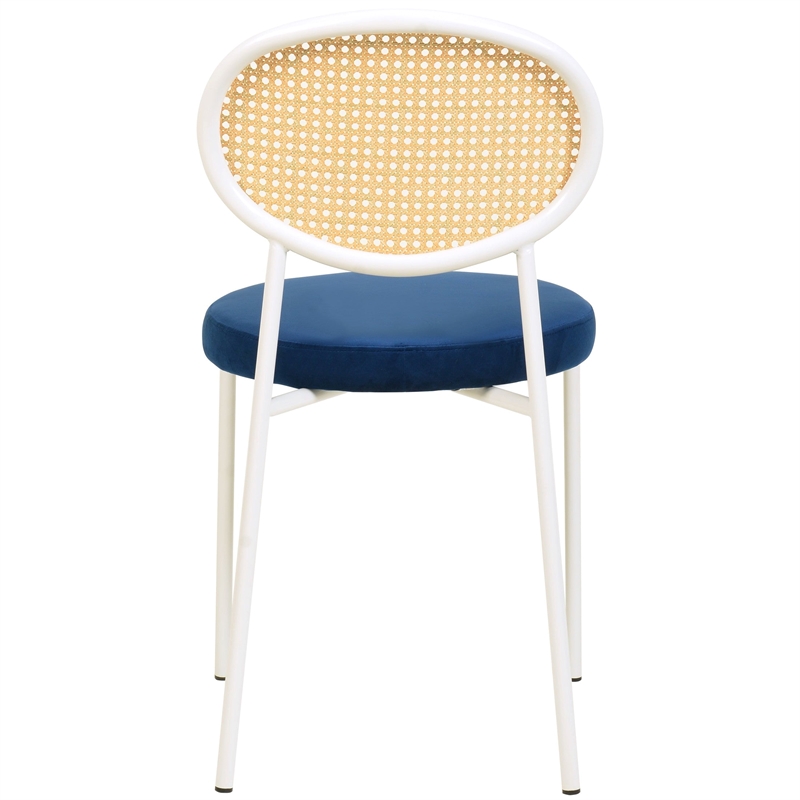 Velvet Dining Chair with Rattan Back and Stainless Steel Legs in Navy Blue
