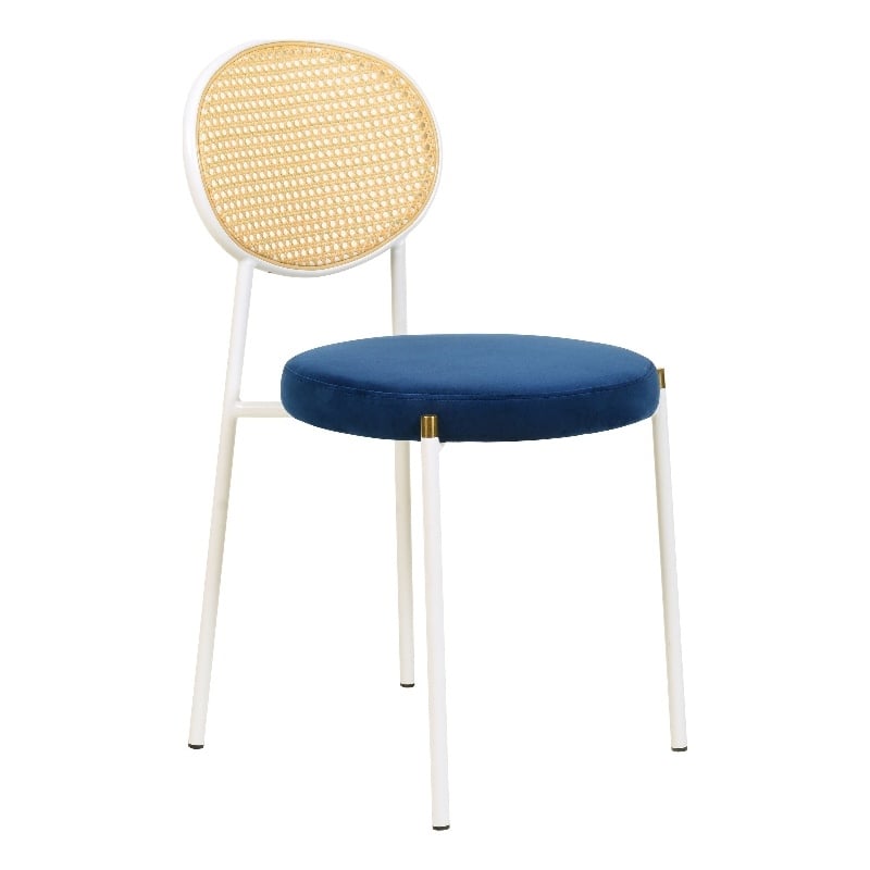 Velvet Dining Chair with Rattan Back and Stainless Steel Legs in Navy Blue