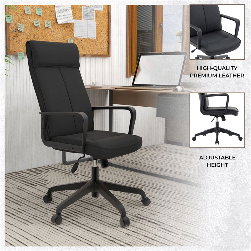 LeisureMod High-Back Leather Office Chair with Adjustable Height in Black