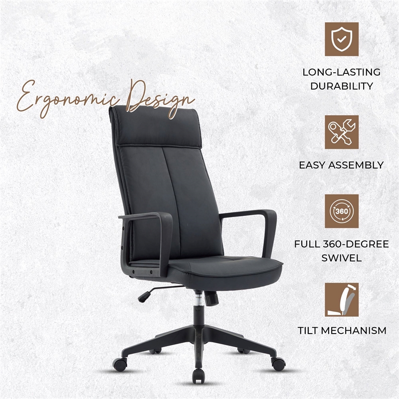LeisureMod High-Back Leather Office Chair with Adjustable Height in Black