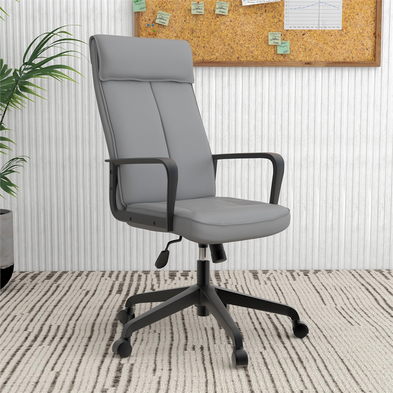 LeisureMod High-Back Leather Office Chair with Adjustable Height in Gray
