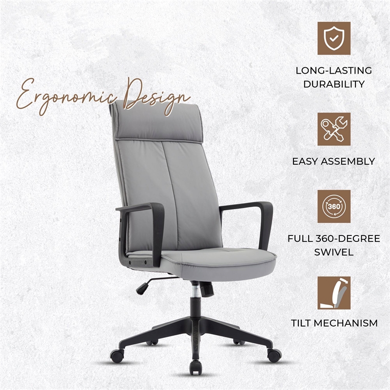 LeisureMod High-Back Leather Office Chair with Adjustable Height in Gray