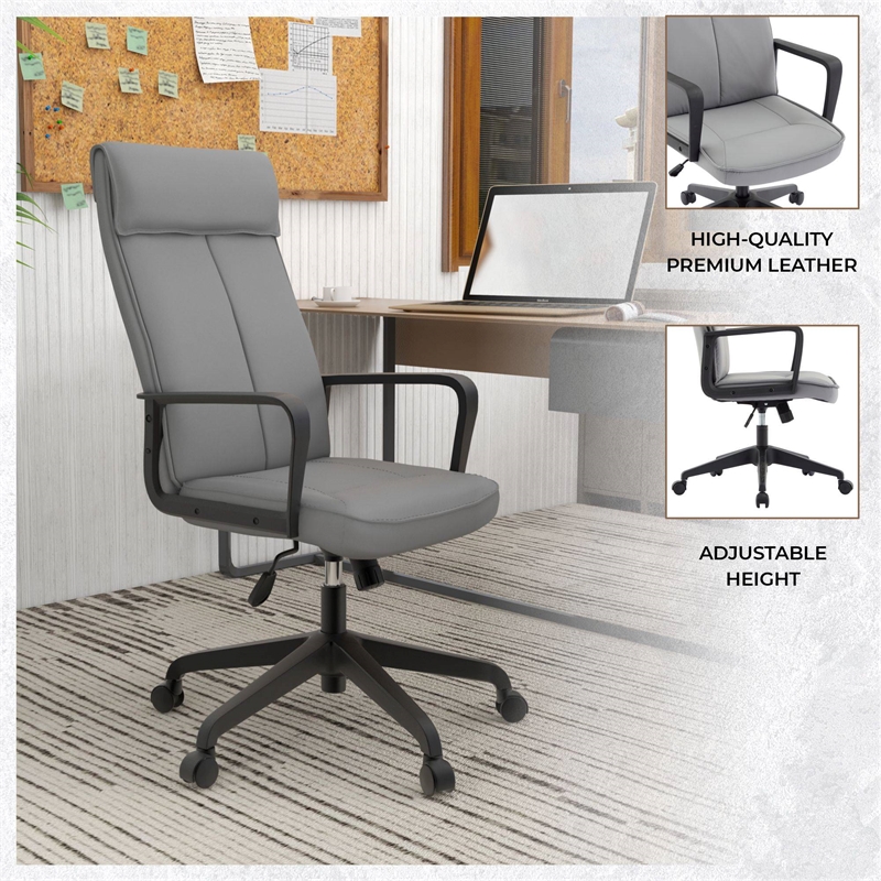 LeisureMod High-Back Leather Office Chair with Adjustable Height in Gray