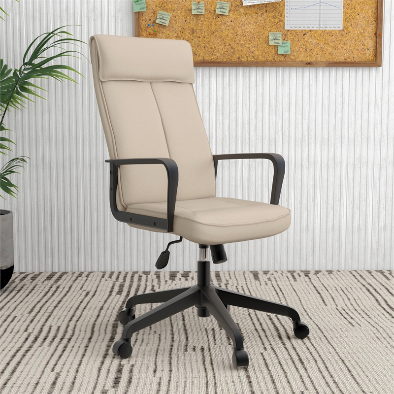 LeisureMod High-Back Leather Office Chair with Adjustable Height in Tan