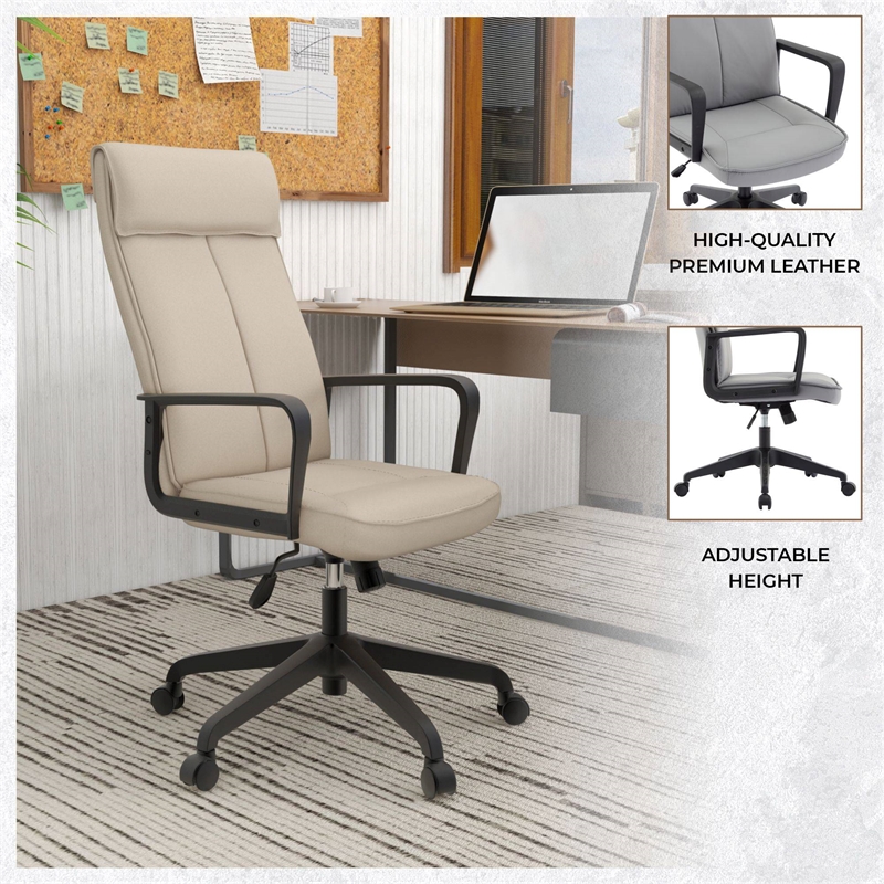 LeisureMod High-Back Leather Office Chair with Adjustable Height in Tan