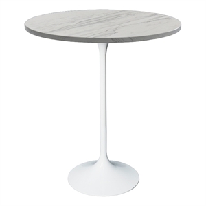 LeisureMod 27&quot Bar Dining Table Resin Round Top in White Steel/Marbleized