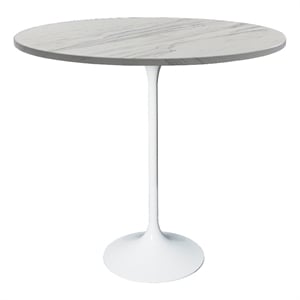 LeisureMod 36&quot Bar Dining Table Resin Round Top in White Steel/Marbleized