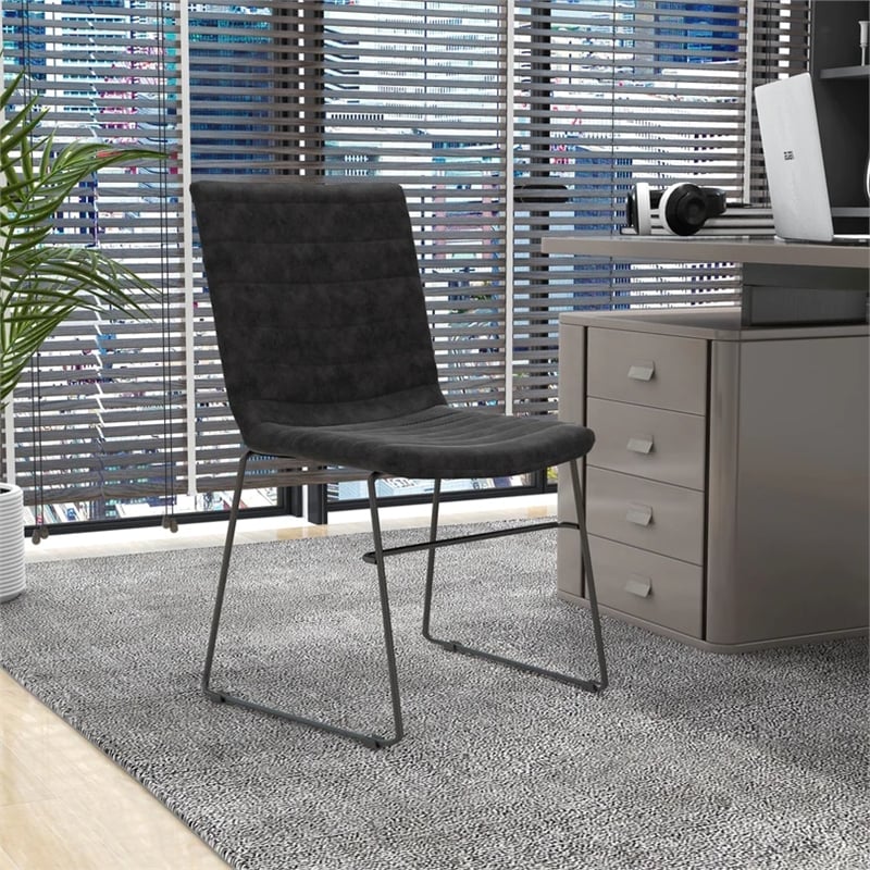 LeisureMod Office Chair in Leather/Polyester with Stainless Steel Base Charcoal
