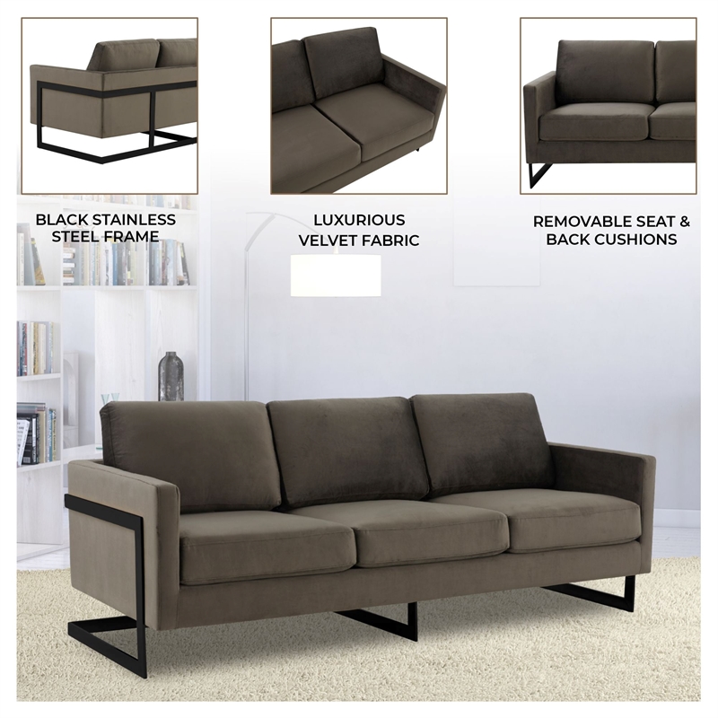 3-Seater Upholstered Velvet Sofa with Black Stainless-Steel Base in Dark Gray