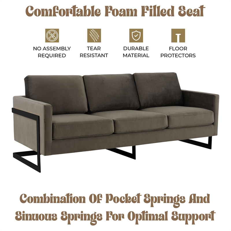 3-Seater Upholstered Velvet Sofa with Black Stainless-Steel Base in Dark Gray