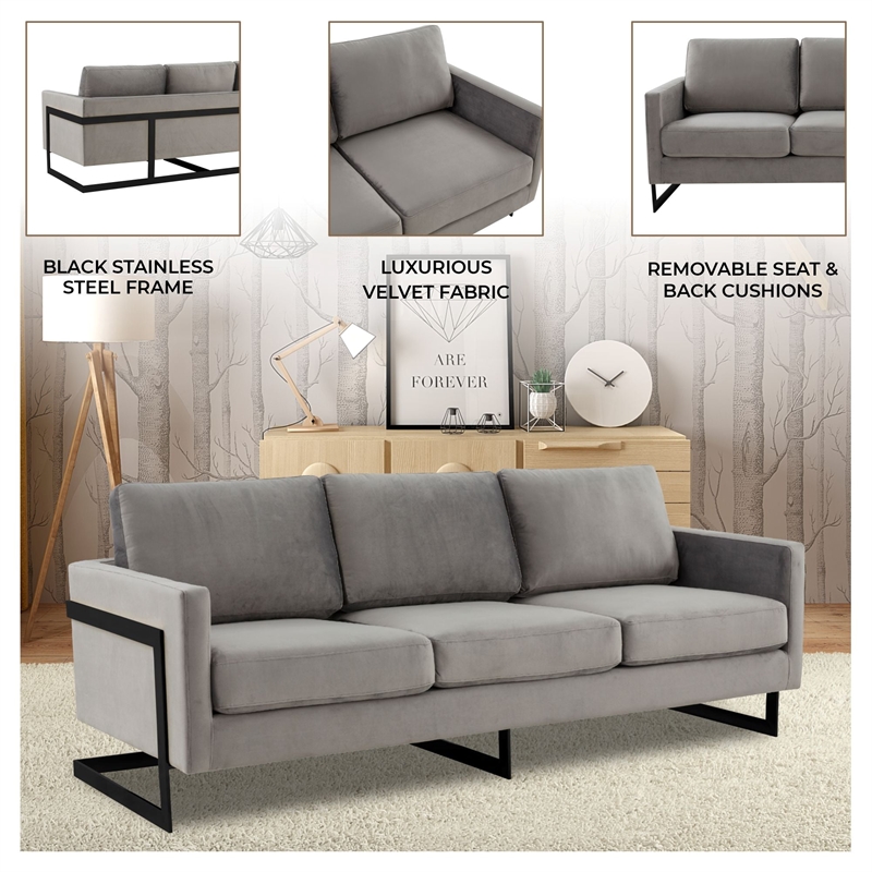3-Seater Upholstered Velvet Sofa with Black Stainless-Steel Base in Light Gray