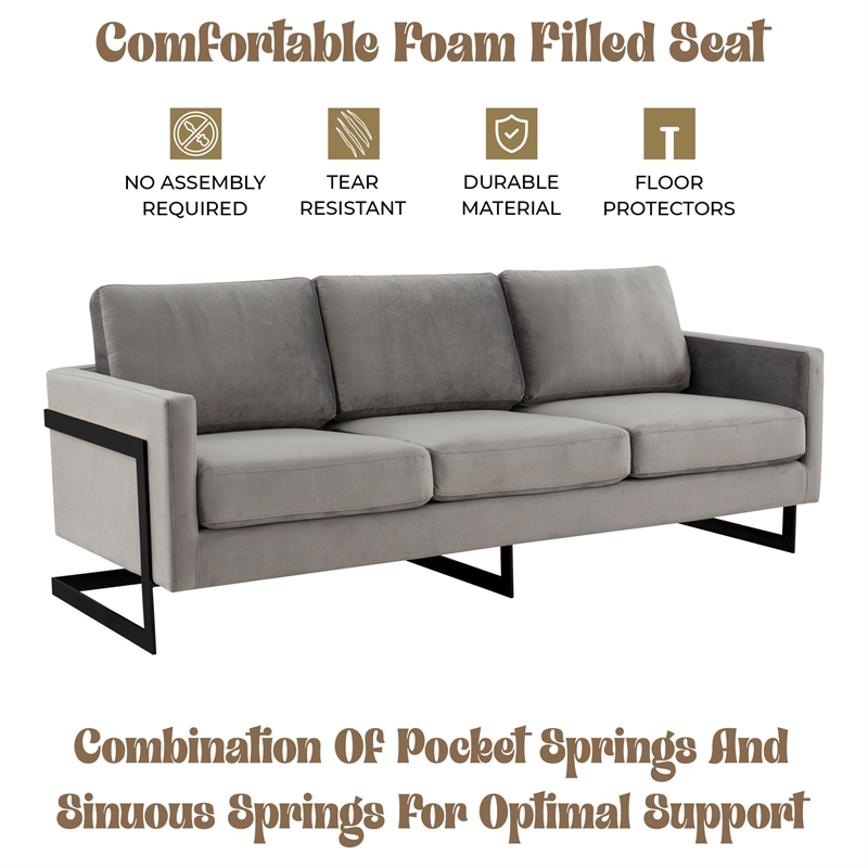 3-Seater Upholstered Velvet Sofa with Black Stainless-Steel Base in Light Gray