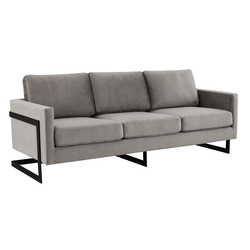 3-Seater Upholstered Velvet Sofa with Black Stainless-Steel Base in Light Gray