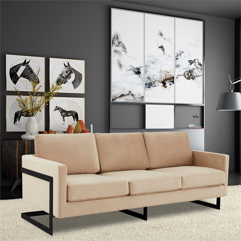 3-Seater Upholstered Velvet Sofa with Black Stainless-Steel Base in Beige