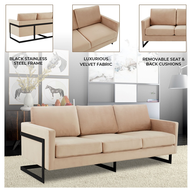 3-Seater Upholstered Velvet Sofa with Black Stainless-Steel Base in Beige