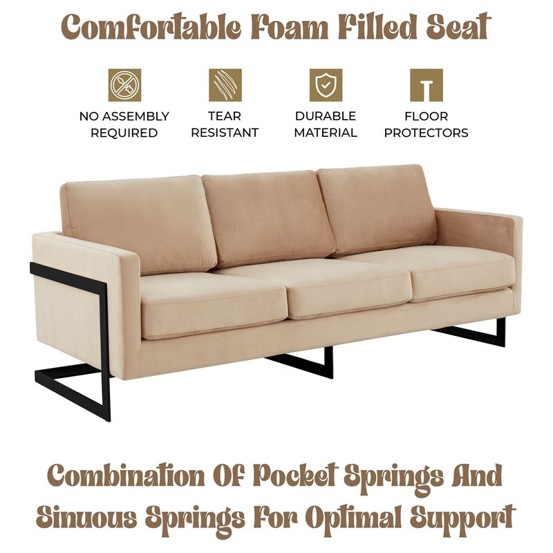 3-Seater Upholstered Velvet Sofa with Black Stainless-Steel Base in Beige