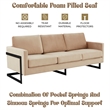 LeisureMod 3-Seater Upholstered Velvet Sofa with Black Stainless-Steel Base in Beige