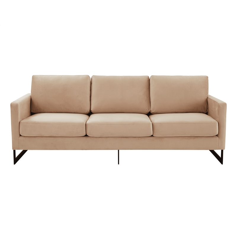 3-Seater Upholstered Velvet Sofa with Black Stainless-Steel Base in Beige