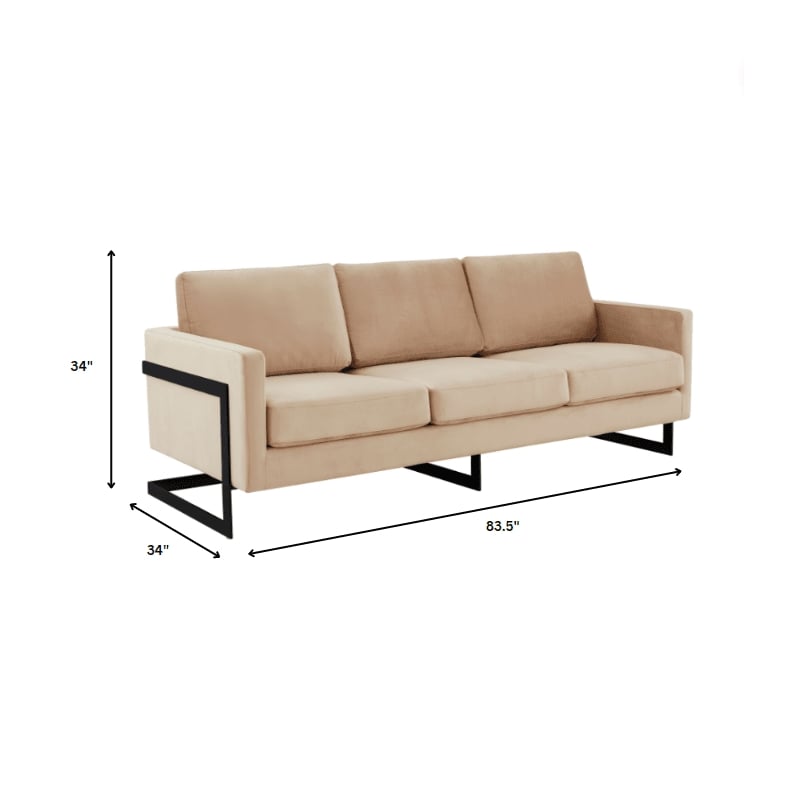 3-Seater Upholstered Velvet Sofa with Black Stainless-Steel Base in Beige