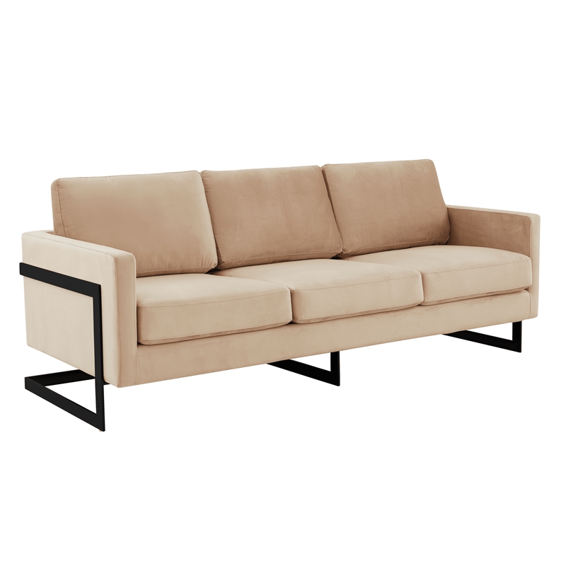 3-Seater Upholstered Velvet Sofa with Black Stainless-Steel Base in Beige