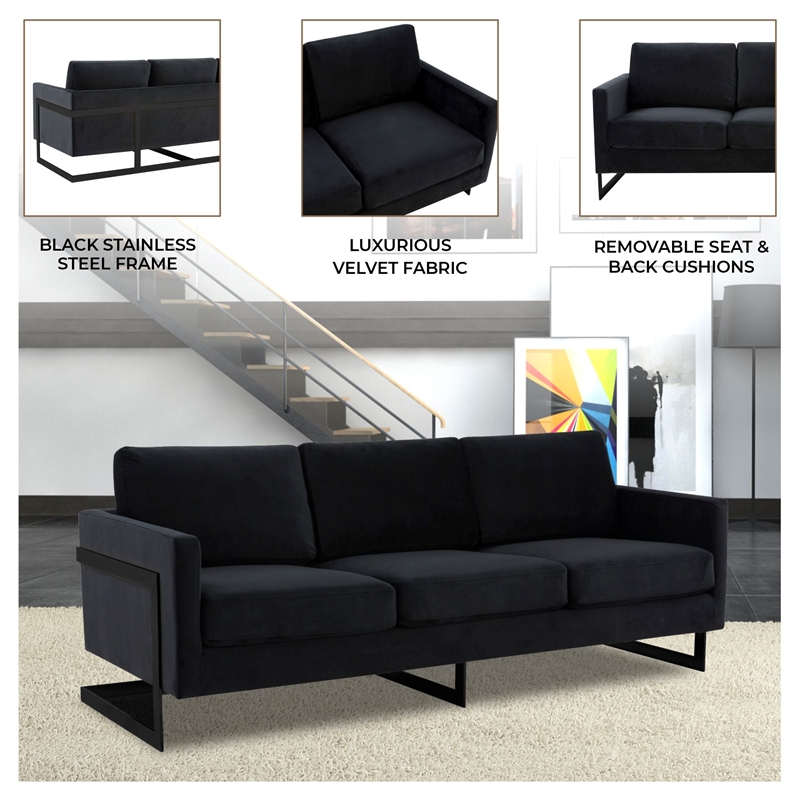 3-Seater Upholstered Velvet Sofa with Black Stainless-Steel Base in Black