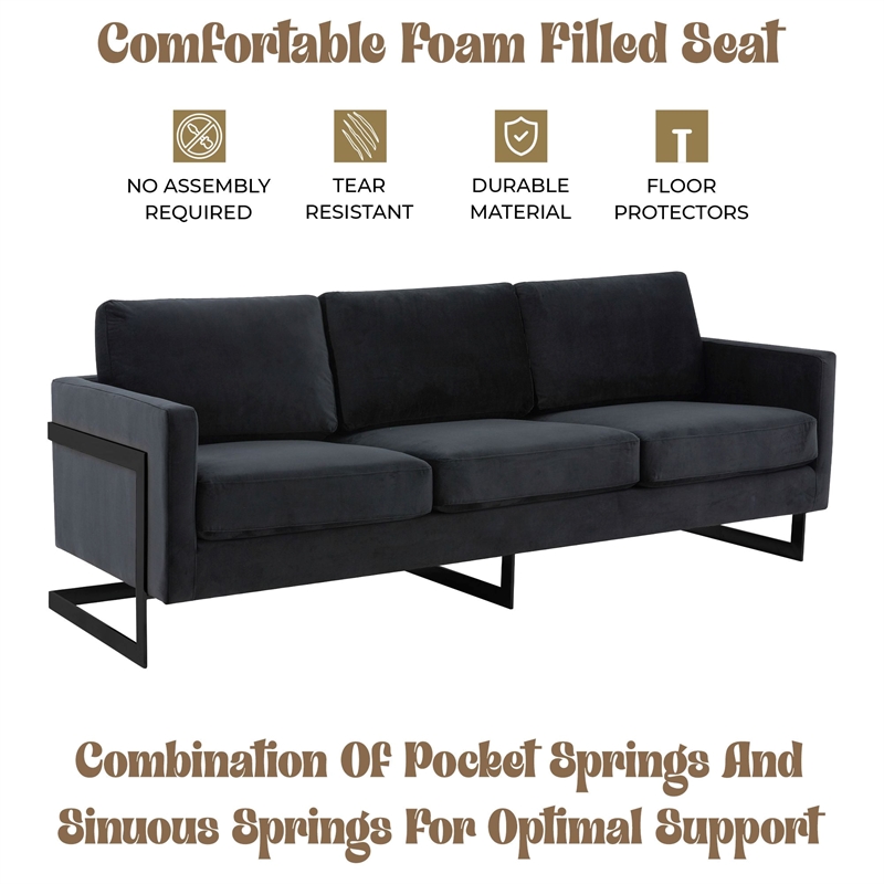 3-Seater Upholstered Velvet Sofa with Black Stainless-Steel Base in Black